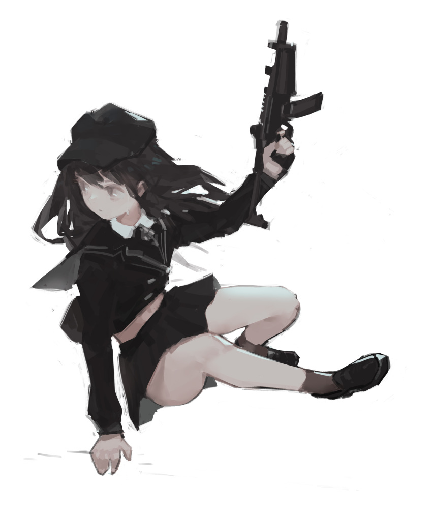 absurdres black_footwear black_headwear black_sailor_collar black_serafuku black_shirt black_skirt brown_eyes brown_hair brown_socks closed_mouth commentary english_commentary expressionless female full_body gun h&k_mp5 highres holding holding_gun holding_weapon jumping long_hair long_sleeves looking_back midair midriff_peek original sailor_collar school_uniform serafuku shirt simple_background skirt socks solo submachine_gun weapon white_background zygocactus