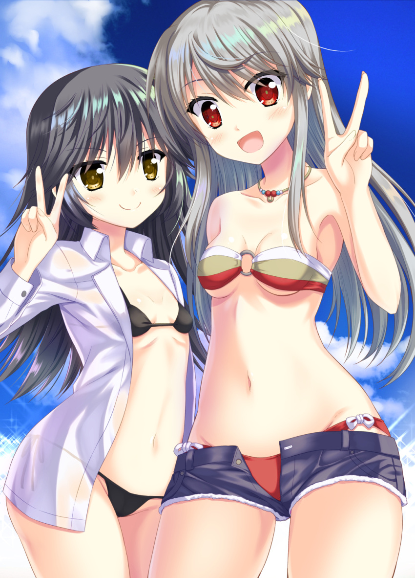 2girls alice_gear_aegis bead_necklace beads bikini bikini_under_clothes black_bikini black_hair blue_shorts blue_sky blush breasts brown_eyes closed_mouth cloud cloudy_sky commentary_request cutoffs day denim denim_shorts dress_shirt endori grey_eyes highres jewelry jinguuji_mari long_hair long_sleeves looking_at_viewer multiple_girls navel necklace no_pants o-ring o-ring_bikini open_clothes open_fly open_mouth open_shirt outdoors red_bikini red_eyes shinonome_chie shirt shorts side-by-side sky small_breasts smile standing strapless strapless_bikini swimsuit v white_shirt wing_collar