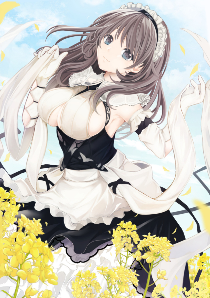 apron azur_lane black_dress breasts charybdis_(azur_lane) clothing_cutout day dress dutch_angle female flower framed_breasts gloves grey_eyes grey_hair highres large_breasts long_hair looking_at_viewer maid_headdress maya_(tirolpop) outdoors rapeseed_blossoms solo underboob underboob_cutout white_apron white_gloves yellow_flower