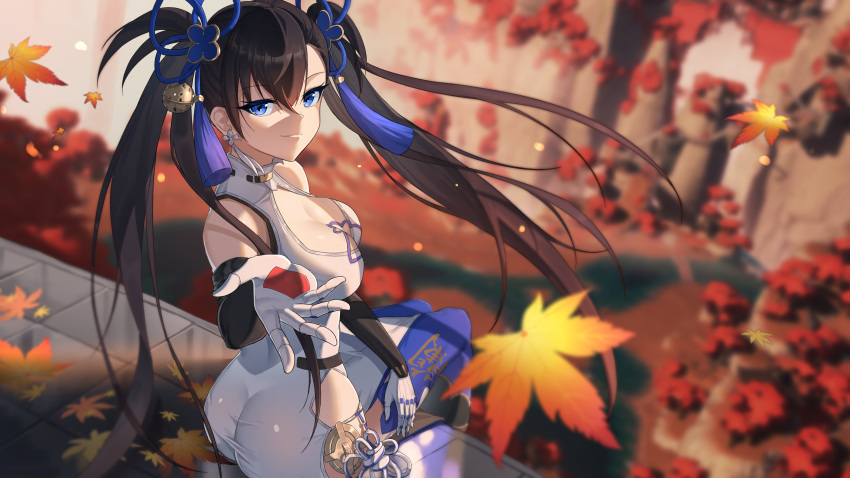 absurdres ass bare_shoulders black_gloves black_hair blue_eyes blue_thighhighs blurry blurry_background breasts brown_hair china_dress chinese_clothes cleavage cleavage_cutout closed_mouth clothing_cutout dai_mao_xuan_yi depth_of_field dress earrings elbow_gloves female flower_knot gloves hair_ornament hand_up highres jewelry large_breasts leaf long_hair looking_at_viewer looking_back maple_leaf outdoors parted_bangs pelvic_curtain sitting sleeveless sleeveless_dress smile solo tassel tassel_hair_ornament thighhighs thighs tower_of_fantasy twintails twisted_torso very_long_hair white_dress yulan_(tower_of_fantasy)