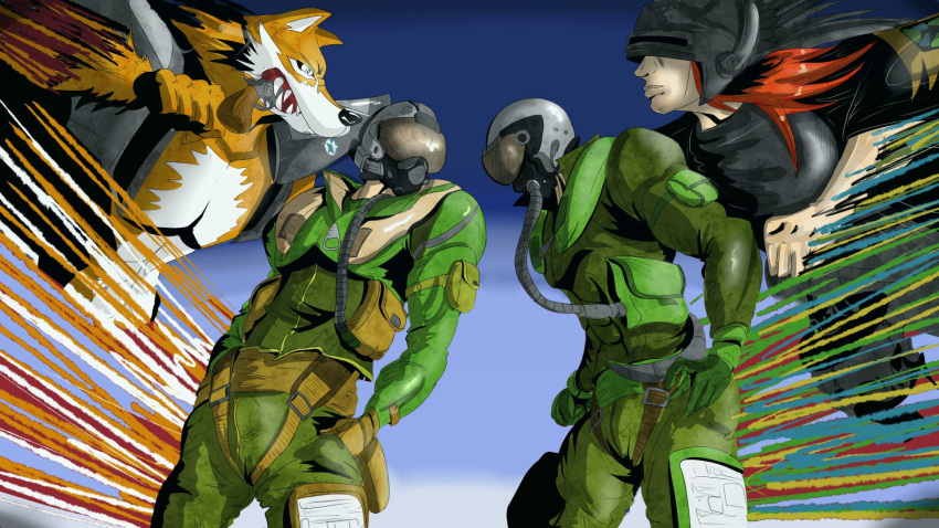 2boys ace_combat ace_combat_5 ace_combat_7 blaze_(ace_combat) commentary emphasis_lines english_commentary gloves gun handgun haonfest highres jojo_no_kimyou_na_bouken jojo_pose multiple_boys pilot_helmet pilot_suit pose razgriz red_hair revolver trigger_(ace_combat) weapon wolf