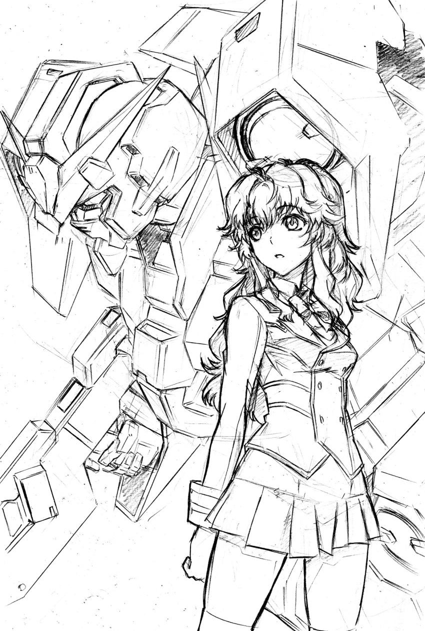 beam_rifle breasts chall_acustica commentary_request curly_hair energy_gun female graphite_(medium) greyscale gundam gundam_00 gundam_00p gundam_plutone highres kumichou_(ef65-1118-ef81-95) long_hair long_sleeves mecha miniskirt monochrome robot school_uniform sidelocks skirt small_breasts thighhighs traditional_media wavy_hair weapon zettai_ryouiki