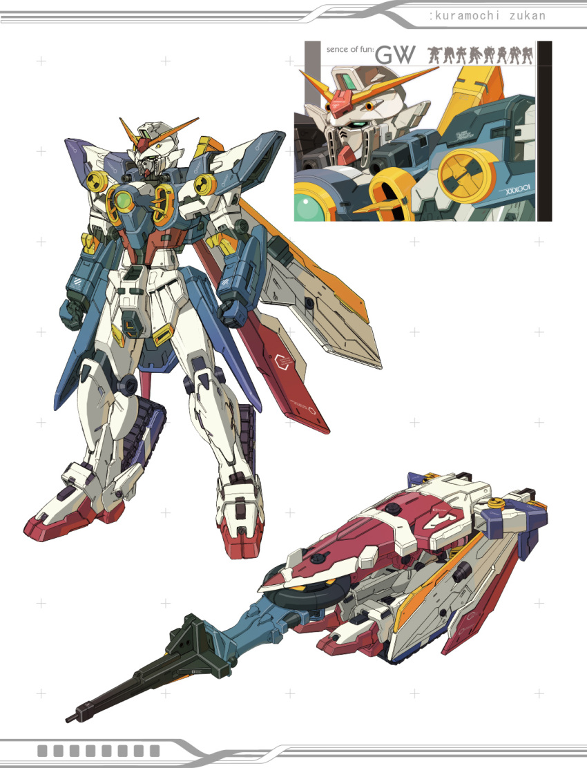 caterpillar_tracks clenched_hands commentary green_eyes gundam gundam_wing highres kuramochi_kyouryuu looking_ahead mecha military military_vehicle mobile_suit motor_vehicle multiple_views no_humans redesign robot science_fiction standing tank v-fin wing_gundam