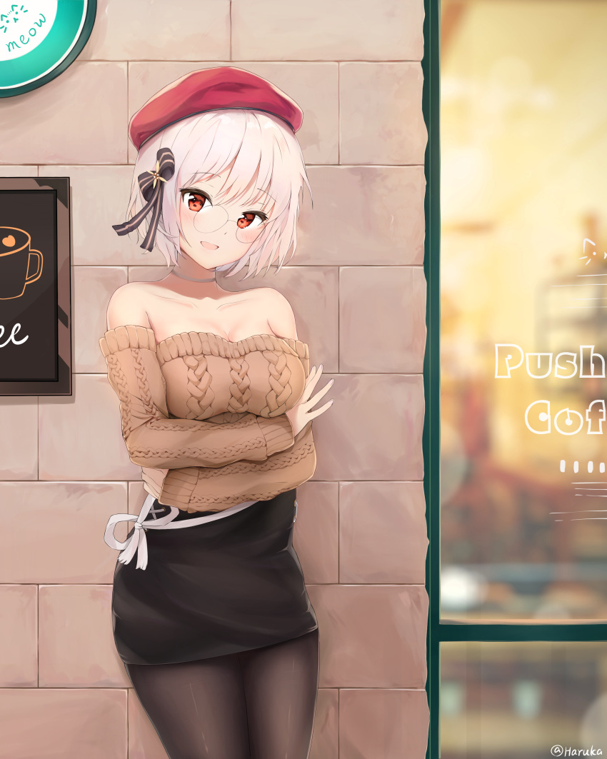 absurdres aran_sweater azur_lane bare_shoulders belfast_(azur_lane) belfast_(azur_lane)_(cosplay) belfast_(shopping_with_the_head_maid)_(azur_lane) beret bespectacled black_pantyhose breasts brown_sweater cable_knit choker cleavage commentary_request cosplay female glasses haruka_poi hat highres large_breasts off-shoulder_sweater off_shoulder pantyhose pencil_skirt red_eyes red_hat ribbon short_hair sirius_(azur_lane) skirt smile solo sweater white_choker white_hair