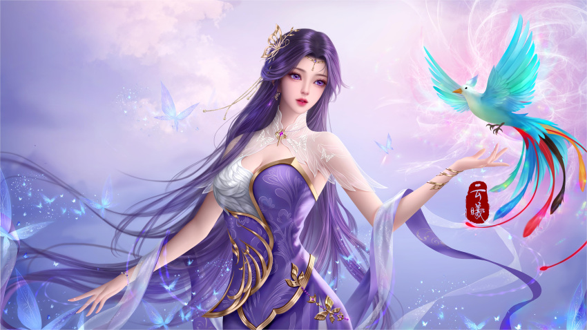 absurdres bird breasts bug butterfly china_dress chinese_clothes cleavage_cutout clothing_cutout dress earrings female flying hair_ornament hei_yu_xing_cheng highres jewelry long_hair outstretched_hand parted_lips purple_dress purple_eyes second-party_source solo sparkle teeth upper_body wanmei_shijie yun_xi_(wanmei_shijie)