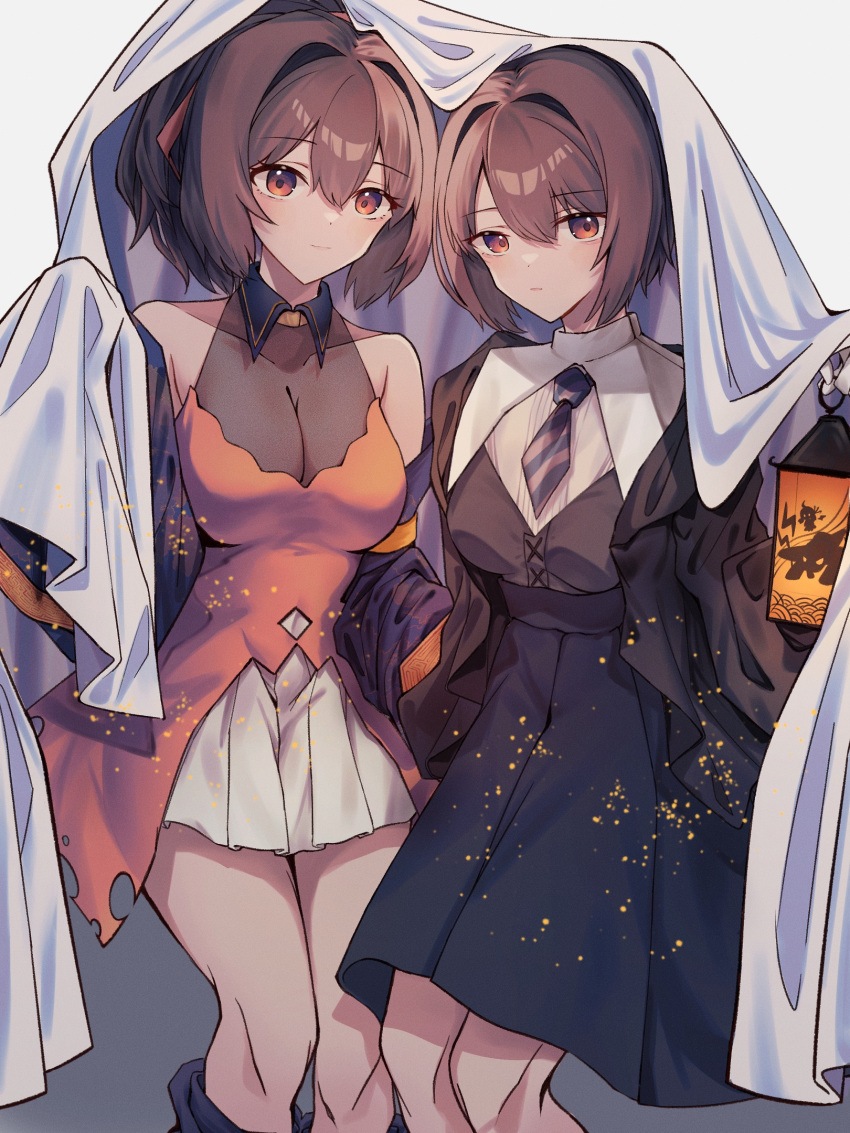 2girls alternate_costume bad_id bad_pixiv_id black_skirt breasts brown_hair cleavage dress hair_between_eyes halloween halloween_costume high-waist_skirt highres holding holding_lantern hyuuga_(kancolle) ise_(kancolle) kantai_collection kazeshio lantern large_breasts looking_at_viewer multiple_girls necktie orange_dress ponytail red_eyes see-through see-through_cleavage short_hair simple_background skirt