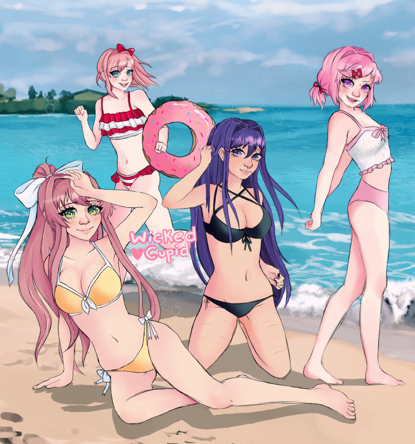 4girls beach black_bikini blue_eyes cleavage doki_doki_literature_club female female_only green_eyes innertube matching_hair/eyes matching_hair_and_eye_color monika_(doki_doki_literature_club) multiple_girls natsuki_(doki_doki_literature_club) pink_eyes pink_hair purple_eyes purple_hair sand sayori_(doki_doki_literature_club) scars self_harm self_harm_scars strawberry_blonde_hair uncensored water wicked_cupid yellow_bikini yuri_(doki_doki_literature_club)