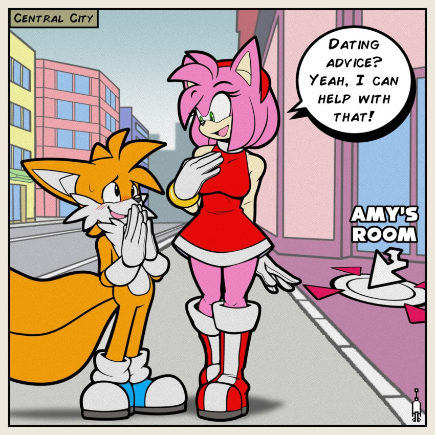 ! 1boy 1girls ? amy_rose ardan_norgate blush breasts dress english_text exposed_torso female footwear fox hair handwear hedgehog humanoid imminent_sex male miles_prower older_female public sega shoes smaller_male sonic_(series) sonic_battle sonic_the_hedgehog_(series) speech_bubble tail tails text younger_male