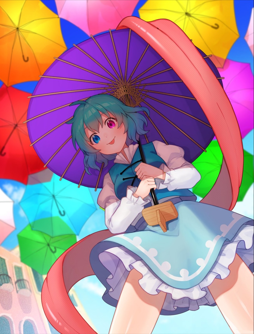 13_(spice!!) blue_eyes blue_hair blue_skirt blue_sky blue_vest building commentary female frilled_skirt frills heterochromia highres holding holding_umbrella juliet_sleeves long_sleeves looking_at_viewer looking_down miniskirt oil-paper_umbrella puffy_sleeves purple_umbrella red_eyes shirt short_hair skirt sky solo tatara_kogasa tongue tongue_out touhou umbrella vest white_shirt