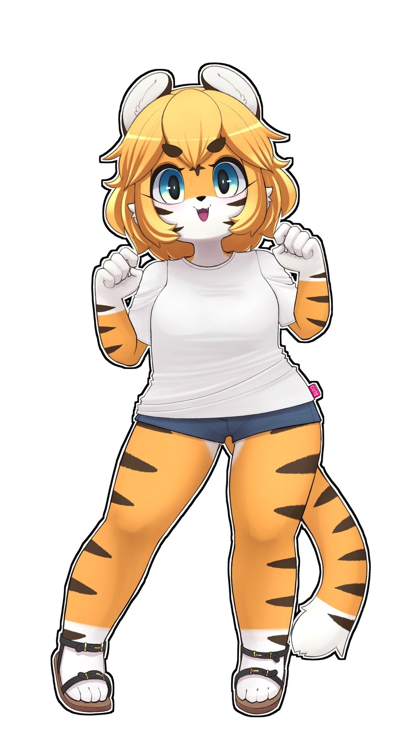 animal_ears blonde_hair blue_eyes blush denim denim_shorts female full_body furry furry_female highres jupiter_europe looking_at_viewer orange_fur original parted_lips revision shirt short_hair short_sleeves shorts smile solo tail thick_thighs thighs tiger_ears tiger_girl tiger_tail two-tone_fur white_fur white_shirt