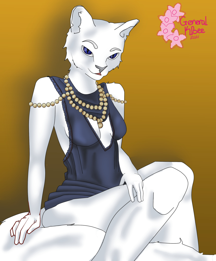 absurd_res anthro blue_clothing blue_dress blue_eyes breasts cleavage clothed clothing dress female gem generalkbee hi_res humanoid pearl_(gem) smug solo white_cat