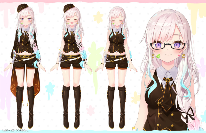 airani_iofifteen airani_iofifteen_(military_casual) black_headwear black_shorts blush boots braid breasts closed_eyes commentary_request company_name crescent crescent_earrings earrings female glasses gradient_hair hat hololive hololive_indonesia jewelry knee_boots long_hair midriff multicolored_hair multiple_views navel necktie official_alternate_costume official_art open_mouth paint_splatter paint_splatter_on_face paintbrush purple_eyes shorts smile star_(symbol) star_and_crescent star_earrings star_in_eye symbol_in_eye variations virtual_youtuber wing_collar yano_mitsuki_(nanairo)