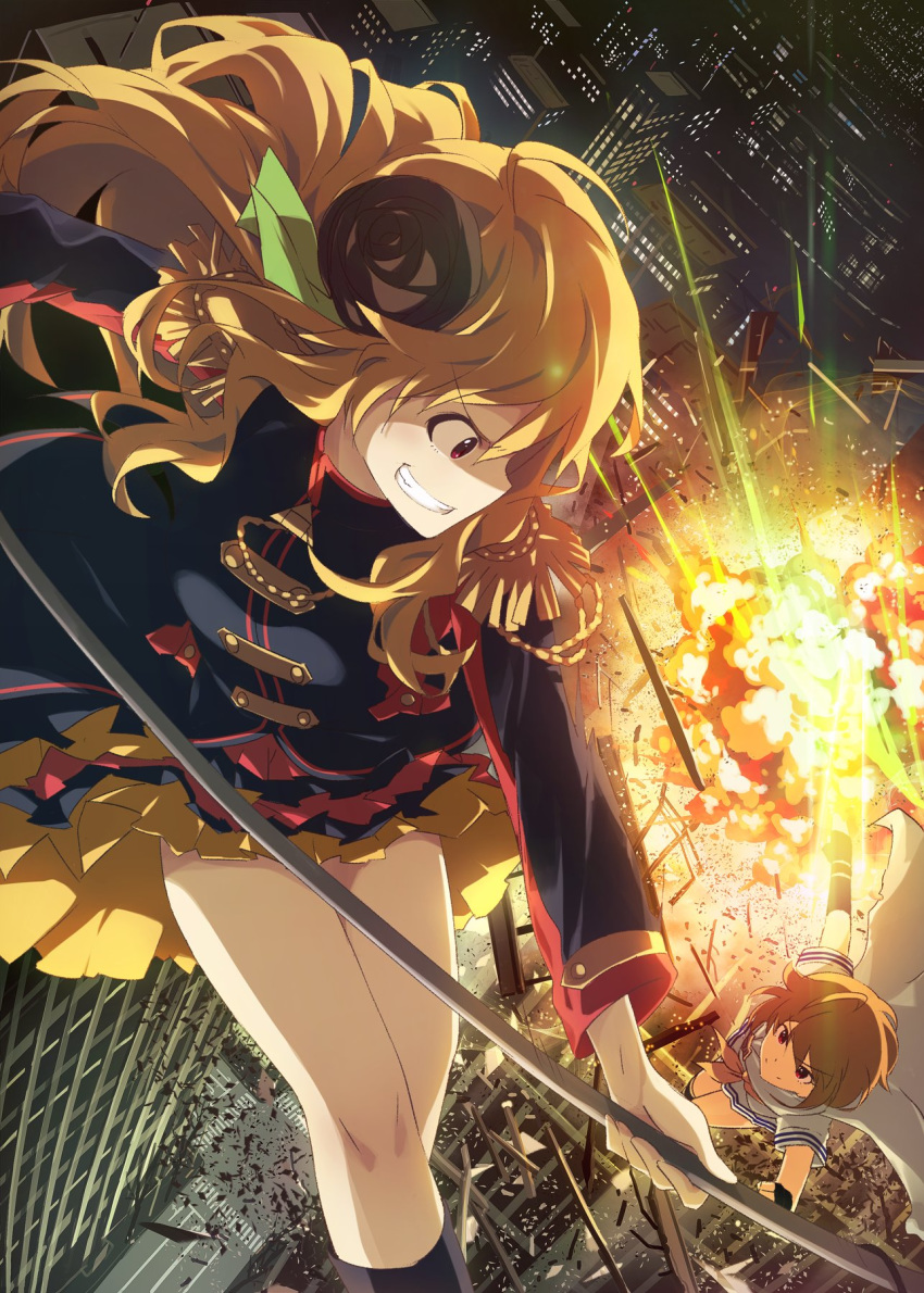 2girls ahoge black_flower black_gloves black_jacket black_rose blonde_hair brown_hair building cape commentary_request dark_persona debris dutch_angle epaulettes explosion fingerless_gloves flower flying gloves grin hair_flower hair_ornament highres hoshii_miki ibuki_tsubasa idol_heroes_(idolmaster) idolmaster idolmaster_million_live! idolmaster_million_live!_theater_days jacket layered_skirt long_hair long_sleeves miniskirt multiple_girls narumi_nanami night pleated_skirt polearm red_eyes rose short_hair short_sleeves skirt smile thighs weapon