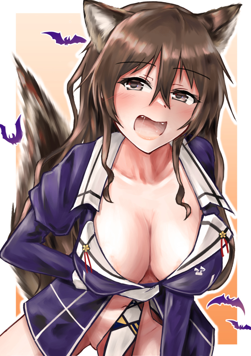 animal_ears ashigara_(kancolle) ashigara_kai_ni_(kancolle) breasts brown_eyes brown_hair convenient_censoring extra_ears female hair_between_eyes halloween highres jacket juliet_sleeves kantai_collection kemonomimi_mode large_breasts long_hair long_sleeves multicolored_neckerchief naked_jacket navel neckerchief open_mouth owada_(kousonhuchi) print_neckerchief puffy_sleeves purple_jacket solo tail textless_version wavy_hair wolf_ears wolf_tail