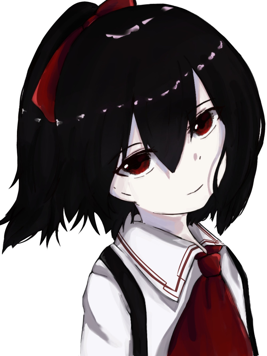 absurdres ascot black_hair bow closed_mouth collared_shirt colored_skin commentary cookie_(touhou) female hair_between_eyes hairbow head_tilt highres looking_at_viewer medium_hair ponytail red_ascot red_bow red_eyes shirt simple_background siyudi_(cookie) smile solo stl_(dpb_v) suspenders upper_body white_background white_shirt white_skin