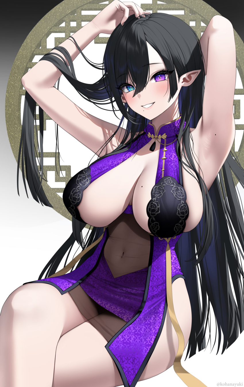 absurdres armpits black_hair blush breasts cleavage female heterochromia highres kohanayuki long_hair looking_at_viewer mole mole_on_breast navel no_bra original solo thighhighs