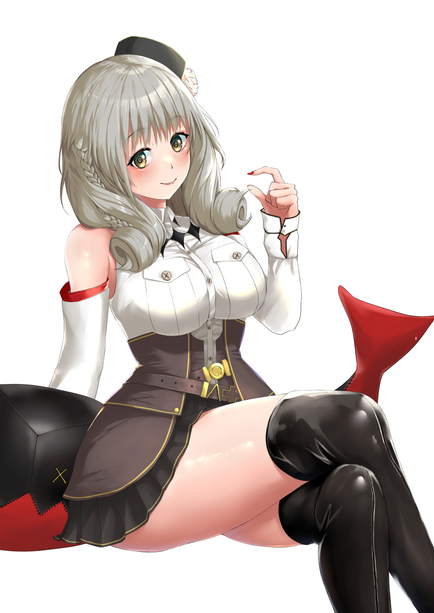 absurdres arm_behind_back azur_lane black_footwear black_headwear black_skirt blush boots braid breasts closed_mouth crossed_legs drill_hair drill_sidelocks feet_out_of_frame female grey_eyes grey_hair highres leather leather_boots lips long_hair looking_at_viewer luetzow_(azur_lane) medium_breasts nail_polish ojisan_f red_nails shirt sidelocks sitting skirt smile solo thigh_boots thighhighs thighs white_background white_shirt