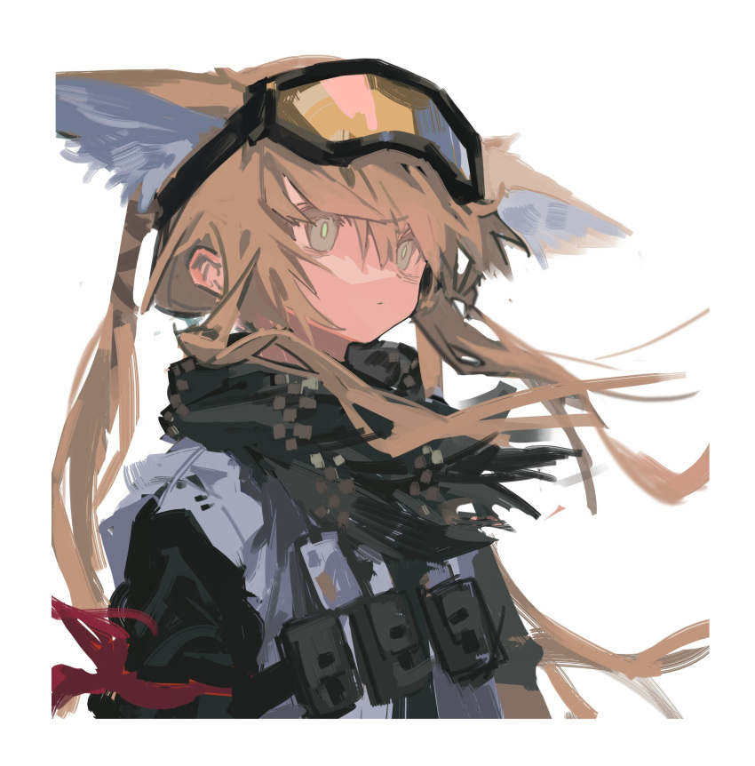 alternate_hairstyle animal_ears arknights blonde_hair closed_mouth female fox_ears fox_girl goggles goggles_on_head green_eyes highres long_hair official_alternate_costume solo suzuran_(arknights) suzuran_(lostlands_flowering)_(arknights) xiao_chichi