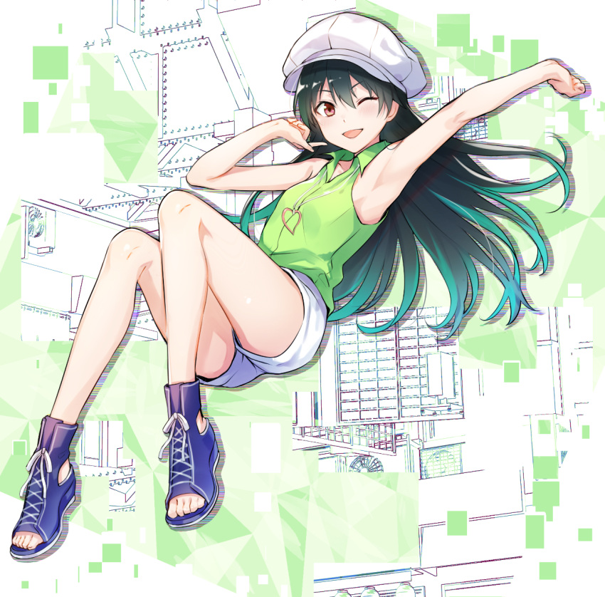 ;d armpits black_hair blue_footwear blush cabbie_hat collared_shirt dead_days e_(eokiba) female green_shirt hat heart heart_necklace highres jewelry kamikubo_juria legs long_hair necklace one_eye_closed open_mouth red_eyes shirt shoes shorts sleeveless sleeveless_shirt smile solo toeless_footwear toes white_hat white_shorts