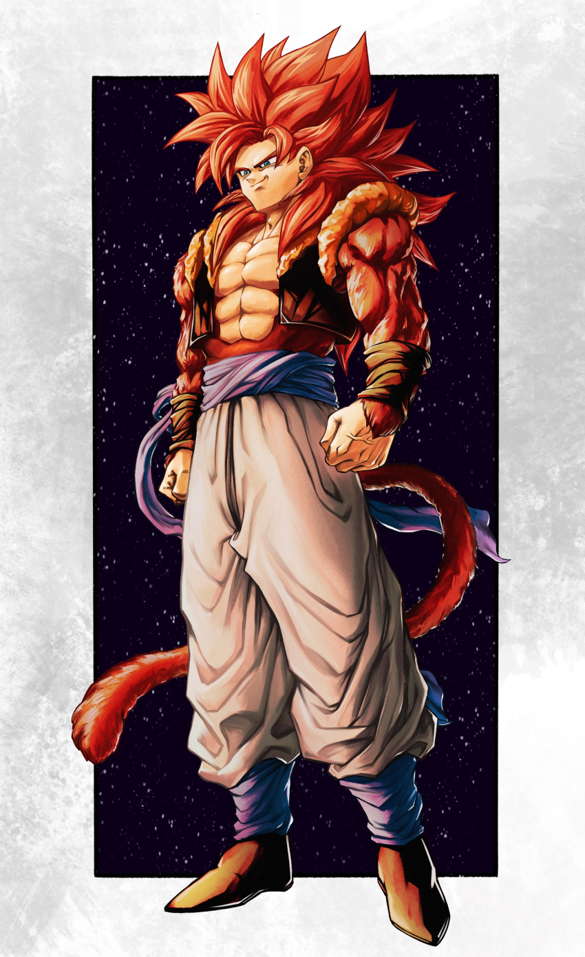 1boy absurdres black_legwear blue_eyes body_fur clenched_hands dragon_ball dragon_ball_gt full_body gogeta highres male_focus metamoran_vest monkey_boy monkey_tail muscular muscular_male obi pants red_fur red_hair sash smile solo spiked_hair standing studio_viga super_saiyan super_saiyan_4 tail white_pants