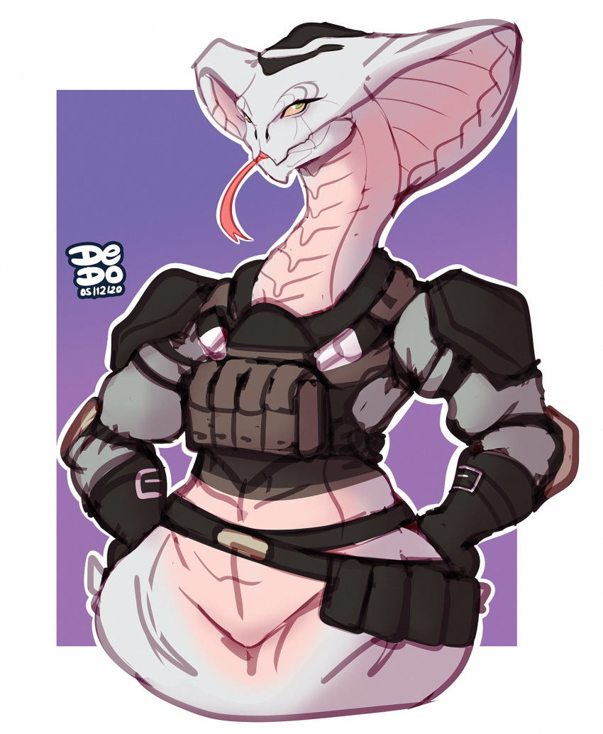 2020 agent_torque anthro apode clothing dedoarts draconcopode featureless_crotch female forked_tongue green_eyes hi_res legless looking_at_viewer naga reptile scalie serpentine simple_background smile snake snake_hood solo tongue tongue_out viper_(x-com) x-com x-com:_chimera_squad