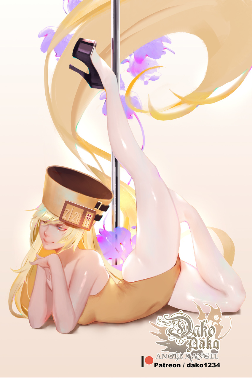 absurdly_long_hair arched_back artist_logo artist_name ass black_footwear blonde_hair blue_eyes breasts female flexible guilty_gear guilty_gear_xrd hat high_heels highres hu_dako legs legs_behind_head leotard long_hair lying millia_rage on_stomach pantyhose patreon_logo patreon_username photoshop_(medium) pole smile solo very_long_hair white_background white_pantyhose