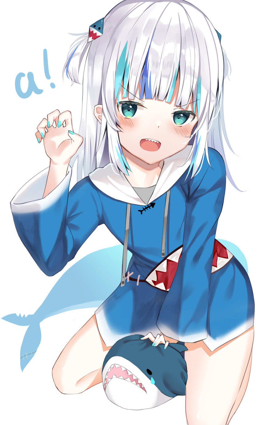 :d a_(phrase) blue_hair blue_hoodie blue_nails blush claw_pose commentary drawstring female fins fish_tail gawr_gura gawr_gura_(1st_costume) green_eyes grey_hair hair_ornament hand_up highres hololive hololive_english hood hood_down hoodie long_hair looking_at_viewer mizuki_ryuu multicolored_hair nail_polish open_mouth romaji_commentary seiza shark_tail sharp_teeth simple_background sitting smile solo streaked_hair stuffed_animal stuffed_shark stuffed_toy tail teeth two_side_up virtual_youtuber white_background