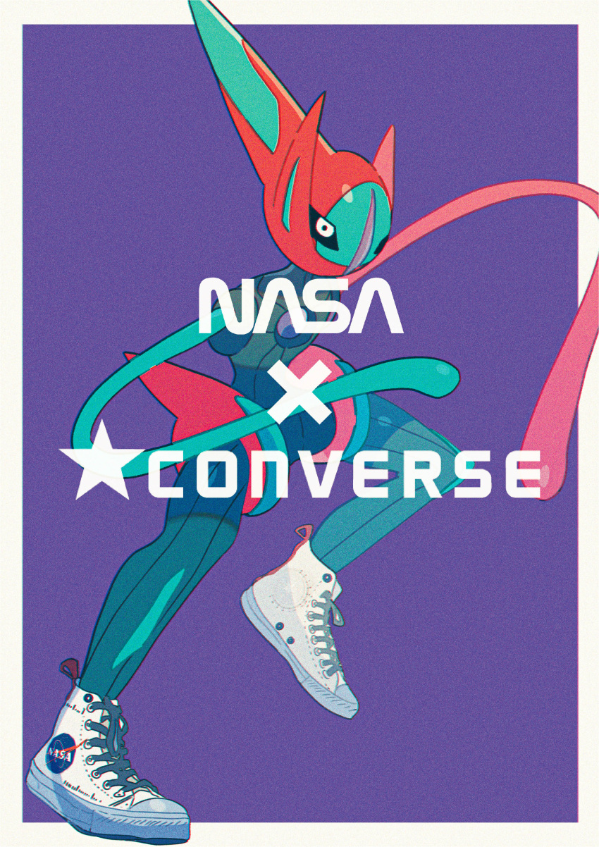 absurdres border commentary converse deoxys deoxys_(speed) english_commentary film_grain highres leg_up looking_at_viewer nasa_logo no_humans outside_border pokemon pokemon_(creature) purple_background saiku_(zvlku) shoes sneakers solo white_border white_footwear