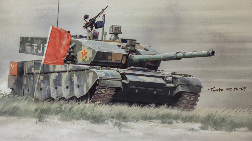 caterpillar_tracks china commentary dirt flag grass gun highres machine_gun military military_vehicle motor_vehicle no_humans original painting_(medium) people's_liberation_army people's_republic_of_china_flag photorealistic photoshop_(medium) radio_antenna reactive_armor realistic red_flag red_star signature star_(symbol) tank tanto_(tc1995) traditional_media type_99a_tank vehicle_focus watercolor_(medium) weapon