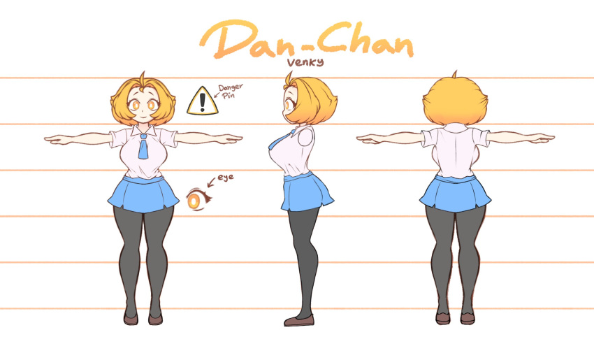 ! ahoge back_view big_breasts blonde_hair blue_tie character_sheet clothed danchan danger_sign multiple_views pantyhose skirt smiling solo solo_focus t-pose thin_waist venky white_shirt white_skin wide_hips yellow_eyes