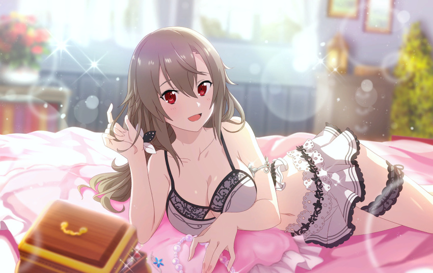 :d alternate_costume bare_arms bare_legs bedroom blurry blurry_background bra breasts brown_hair cleavage collarbone eydis_(sao) eyebrows_hidden_by_hair female game_cg hair_between_eyes indoors large_breasts lens_flare long_hair looking_at_viewer lying miniskirt on_side open_mouth red_eyes sideboob skirt smile solo straight_hair sword_art_online sword_art_online:_alicization sword_art_online:_unleashed_blading thigh_strap underwear very_long_hair white_bra white_skirt