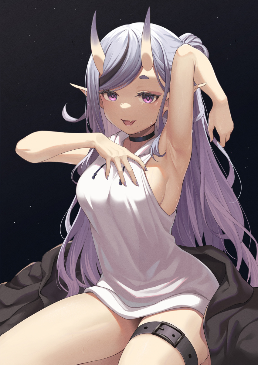 arm_up armpits baseness blue_hair breasts choker empty_eyes eyeliner female gradient_hair highres hood hoodie horns long_hair looking_at_viewer makeup medium_breasts mole mole_under_mouth multicolored_hair nail_polish naked_hoodie nijisanji oerba_yun_fang one_side_up oni open_mouth pointy_ears purple_eyes purple_hair purple_nails rindou_mikoto rindou_mikoto_(5th_costume) sideboob skin-covered_horns skin_fang sleeveless sleeveless_hoodie smile solo streaked_hair sweat swept_bangs thigh_strap virtual_youtuber