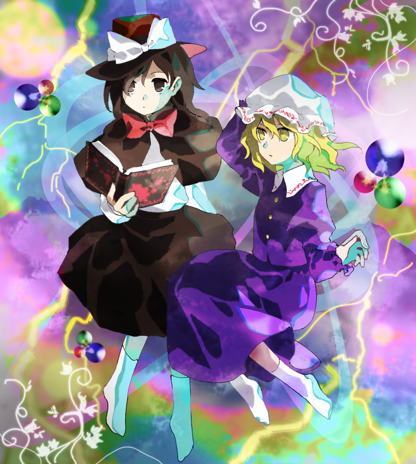 2girls album_cover_redraw blonde_hair book bow bowtie brown_eyes brown_hair capelet derivative_work dr.latency's_freak_report dress electricity floating full_body hat hat_bow highres kaigen_1025 long_sleeves maribel_hearn mob_cap multiple_girls no_shoes purple_dress quark_(particle) ribbon shirt short_hair skirt socks touhou usami_renko white_bow white_legwear