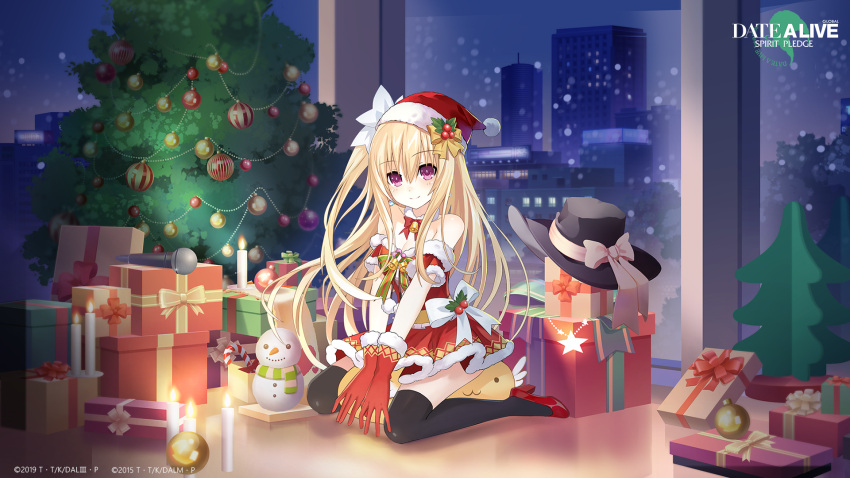 bare_shoulders black_thighhighs blonde_hair breasts candle christmas christmas_tree cleavage date_a_live date_a_live:_spirit_pledge female gekijouban_date_a_live:_mayuri_judgement gift gloves hat high_heels highres indoors light_smile long_hair looking_at_viewer mayuri_(date_a_live) official_art on_floor red_eyes red_footwear red_gloves santa_costume santa_hat sitting snowman solo thighhighs window