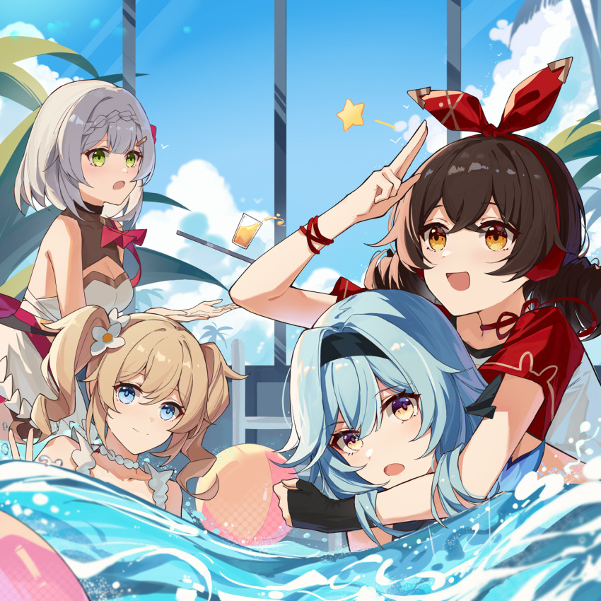 4girls alternate_costume alternate_hairstyle amber_(genshin_impact) barbara_(genshin_impact) black_gloves black_hair black_hairband blonde_hair blue_eyes blue_hair blue_sky braid breasts cleavage closed_mouth cloud cloudy_sky crossed_bangs drill_hair eula_(genshin_impact) fingerless_gloves flower genshin_impact gloves green_eyes grey_hair hair_flower hair_ornament hairband hairclip highres medium_breasts medium_hair multiple_girls noelle_(genshin_impact) open_mouth outdoors red_hairband short_hair short_sleeves single_glove sky sleeveless smile star_(symbol) swimsuit twin_drills twintails v water white_flower yajuu yellow_eyes