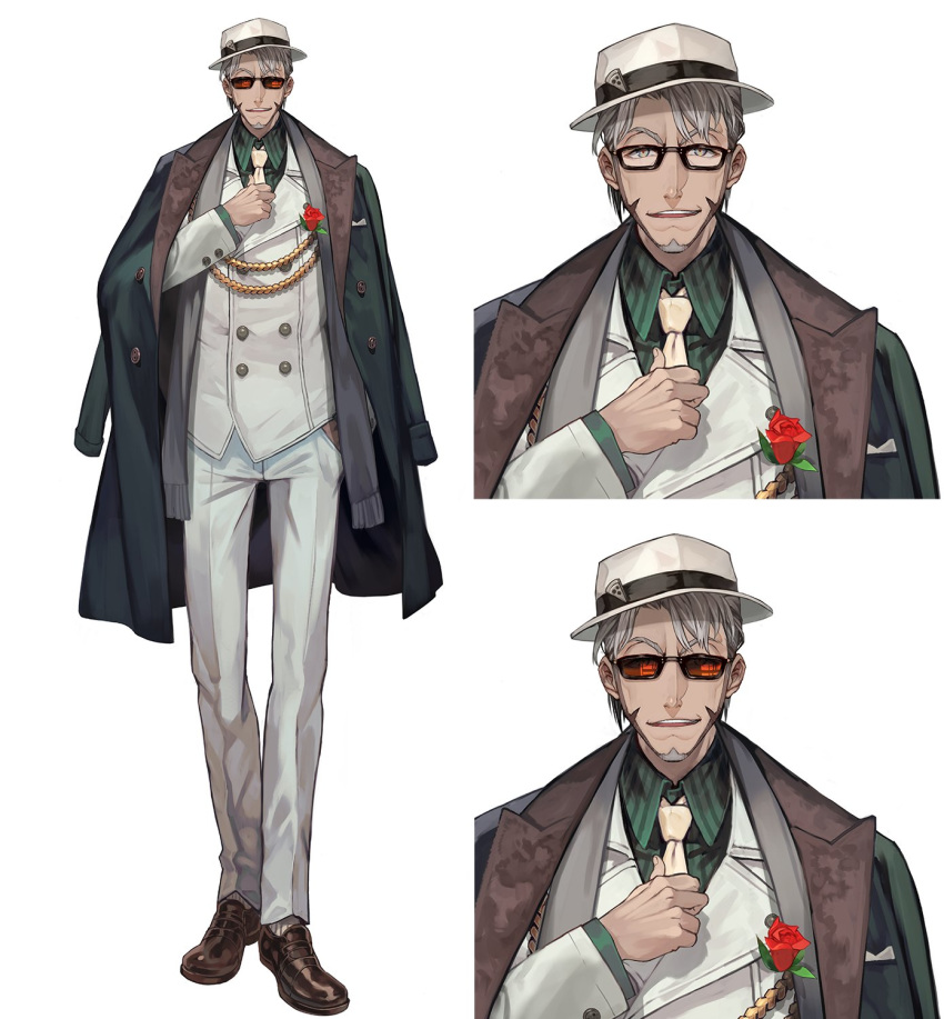 1boy alternate_costume arurandeisu arurandeisu_(old_design) brown_footwear commentary_request dark-skinned_male dark_skin facial_hair flower full_body glasses goatee green_shirt hat highres holostars jacket lack looking_at_viewer male_focus manly multiple_views necktie official_art open_mouth pants rose shirt short_hair simple_background smile sunglasses upper_body virtual_youtuber white_background white_hair white_headwear white_jacket white_necktie white_pants