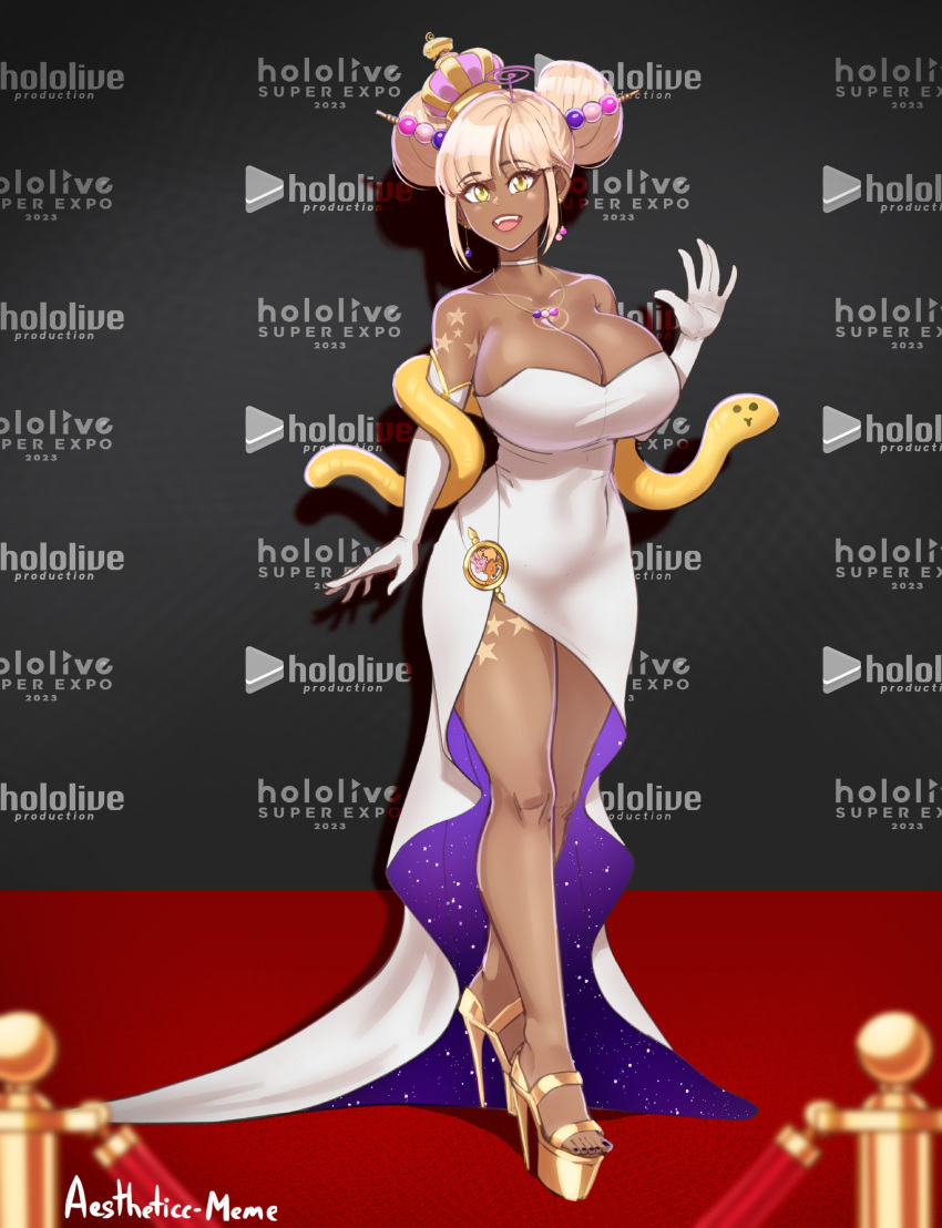 2023 absurdres aestheticc-meme alternate_costume alternate_hairstyle arm_up backless_dress backless_outfit bare_shoulders blonde_hair blunt_bangs blurry blurry_foreground breasts brown_lips cleavage collar collarbone commentary crossed_legs crown curvy dark-skinned_female dark_skin detached_sleeves double_bun dress ear_piercing elbow_gloves english_commentary eyeliner fangs female gloves gown hair_bun hair_ornament hand_up high_heels highres hololive hololive_english huge_breasts jewelry knees leg_tattoo limiter_(tsukumo_sana) lipstick long_dress long_hair looking_at_viewer makeup narrow_waist necklace no_bra open_hands open_mouth piercing red_carpet shadow shoulder_tattoo sidelocks smile solo standing star_(symbol) star_tattoo starry_sky_print strapless strapless_dress tattoo thick_thighs thighs tsukumo_sana very_long_hair virtual_youtuber wall white_dress white_gloves wide_hips yellow_eyes