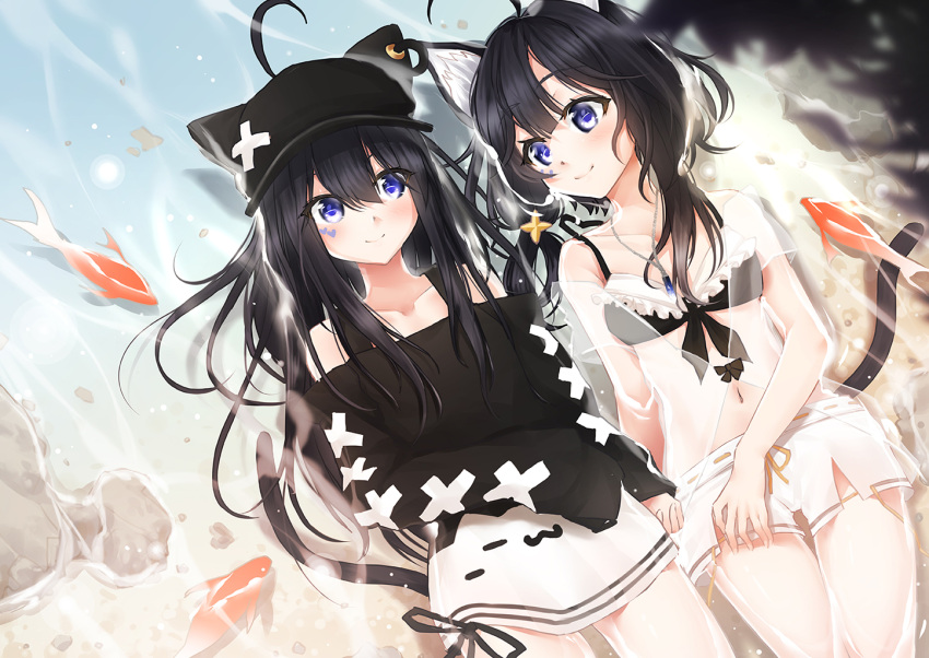 2girls ahoge animal animal_ear_fluff animal_ears animal_hat bikini bikini_top_only black_bikini black_hair black_headwear breasts cat_ears cat_girl cat_tail closed_mouth collarbone fake_animal_ears fish goldfish hair_between_eyes hat jacket long_hair lying macchiato_(jae-min_cho) md5_mismatch multiple_girls navel off-shoulder_shirt off_shoulder on_back original purple_eyes see-through shallow_water shirt short_shorts shorts small_breasts smile swimsuit tail very_long_hair water white_shorts