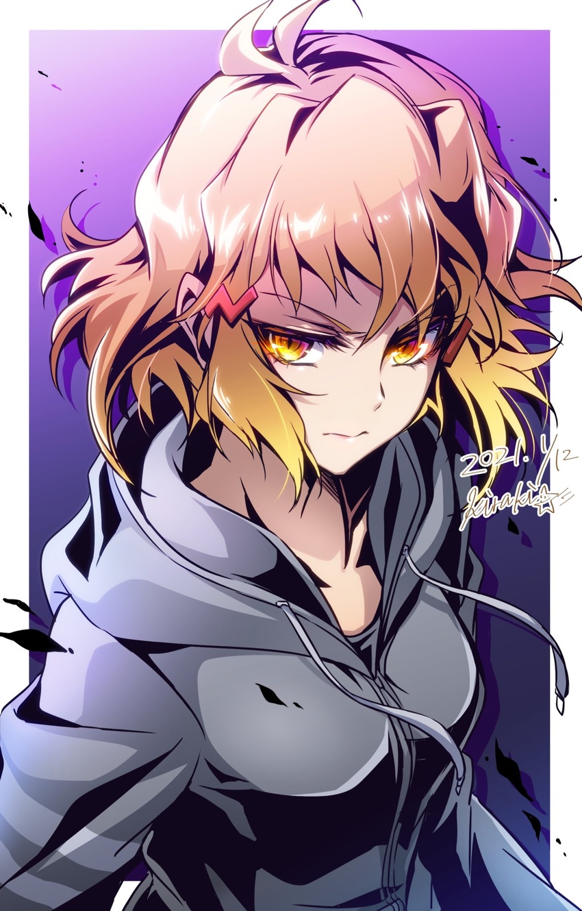 blonde_hair border brown_hair closed_mouth collarbone dated female gradient_background gradient_hair grey_jacket hair_ornament hairclip highres hood hood_down hooded_jacket jacket kiraki multicolored_hair purple_background senki_zesshou_symphogear senki_zesshou_symphogear_xd_unlimited serious smile solo tachibana_hibiki_(symphogear) tachibana_hibiki_(symphogear)_(another) upper_body white_border yellow_eyes