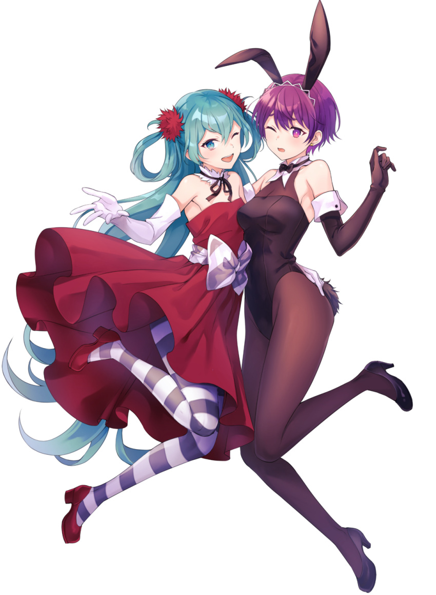 1boy ;d animal_ears aqua_eyes aqua_hair bishounen_series black_gloves black_leotard black_pantyhose breasts doujima_mayumi dress e_(eokiba) elbow_gloves female gloves hair_rings hand_on_another's_hip high_heels highres leotard long_hair one_eye_closed open_mouth otoko_no_ko outstretched_hand pantyhose playboy_bunny purple_eyes purple_hair rabbit_ears rabbit_tail red_dress red_footwear shoes short_hair smile soutouin_manabu striped_clothes striped_pantyhose tail very_long_hair wavy_mouth white_gloves