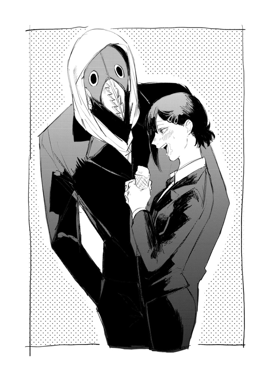 1boy bad_id bad_twitter_id black_jacket black_pants blush business_suit chainsaw_man collared_shirt female food formal greyscale higashiyama_kobeni highres hood hood_up ice_cream jacket mask mole mole_under_eye monochrome necktie open_mouth pants shirt simple_background smile suit tatami6734 violence_fiend_(chainsaw_man) white_background