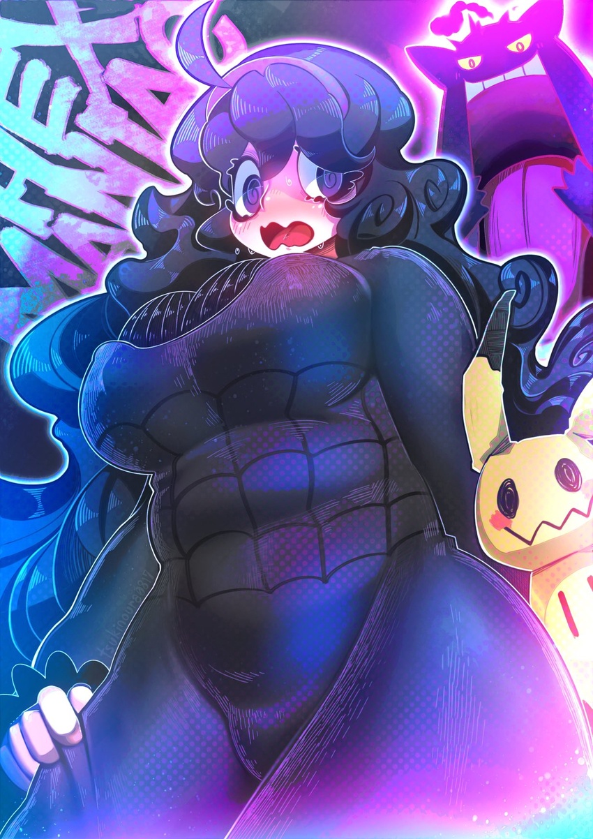 @_@ ahoge alternate_breast_size artist_name big_hair black_dress black_sweater blush breasts character_name colorful commentary_request cowboy_shot crosshatching curly_hair d: dress dripping eyelashes fat_mons female flipped_hair frilled_sleeves frills from_below gengar gigantamax gigantamax_gengar grabbing_own_thigh hair_between_eyes hair_over_one_eye hairband hakkasame halftone halftone_texture hatching_(texture) hex_maniac_(pokemon) highres large_breasts layered_dress long_dress long_hair looking_at_another looking_away looking_down looking_to_the_side messy_hair mimikyu no_pupils open_mouth plump pokemon pokemon_(creature) pokemon_xy purple_eyes purple_hairband ribbed_sweater shaded_face sidelocks spider_web_print sweat sweater sweater_dress taut_clothes taut_dress tight_clothes tongue unmoving_pattern very_long_hair wavy_mouth