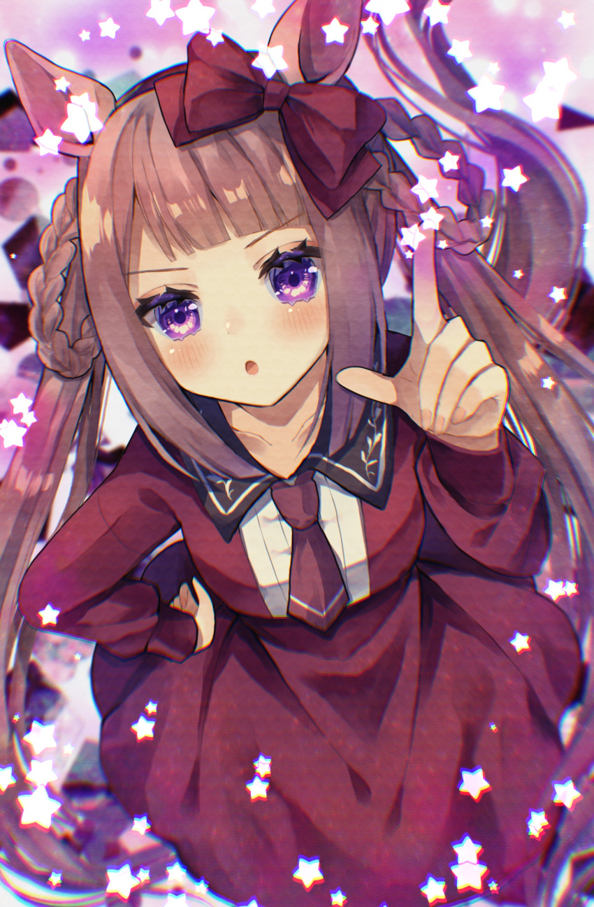 :o animal_ears blunt_bangs blush bow brown_hair chromatic_aberration commentary_request female from_above hair_rings hairbow hand_on_own_hip highres horse_ears horse_girl horse_tail long_hair long_sleeves looking_at_viewer necktie pointing pointing_at_viewer purple_eyes red_bow sidelocks star_(symbol) sweep_tosho_(umamusume) tail twintails umamusume xx_momomo_xx