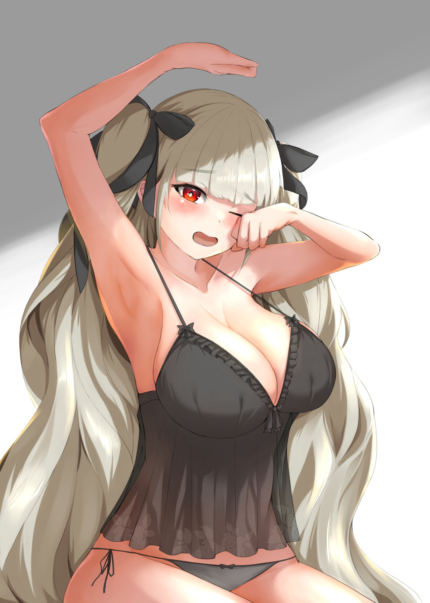 absurdres alternate_costume arm_up armpits azur_lane black_nightgown black_panties blush breasts cleavage collarbone commentary_request female formidable_(azur_lane) hair_ribbon highres large_breasts long_hair looking_at_viewer nightgown ojisan_f one_eye_closed open_mouth panties partial_commentary platinum_blonde_hair red_eyes ribbon simple_background sitting solo twintails underwear upper_body very_long_hair