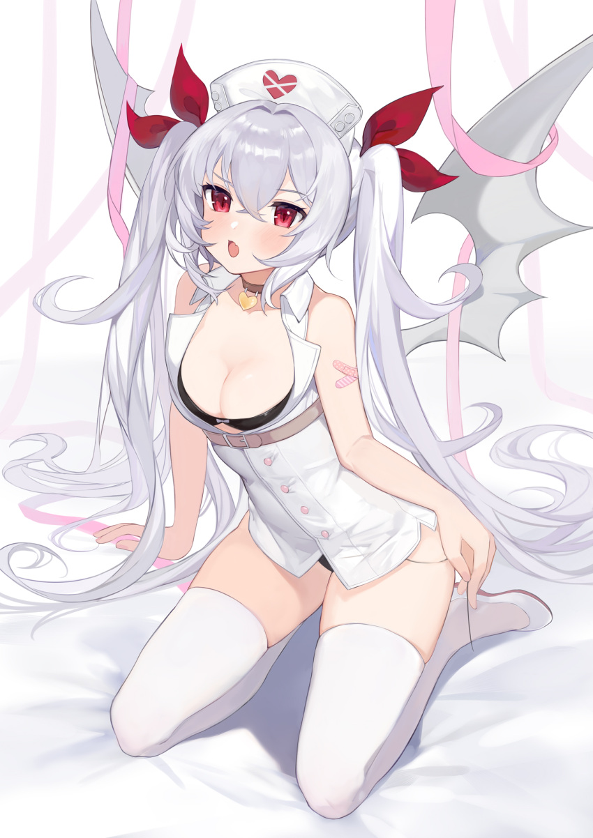 arm_support azur_lane bandaid bandaid_on_arm bat_wings black_bra black_panties blush bra breasts brown_choker buttons center_opening choker cleavage commentary crossed_bangs female full_body hair_between_eyes hair_ribbon hat heart heart_choker highres long_hair looking_at_viewer medium_breasts nurse_cap oerba_yun_fang official_alternate_costume open_mouth panties panty_peek pink_ribbon red_eyes red_ribbon ribbon seiza shirt shoes sitting skindentation sleeveless sleeveless_shirt solo strap thighhighs thighs twintails underwear vampire_(azur_lane) vampire_(little_devil_in_white)_(azur_lane) very_long_hair white_footwear white_hair white_hat white_shirt white_thighhighs wing_collar wings yayako_(804907150)