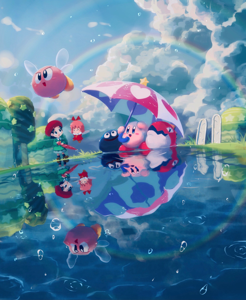 2girls adeleine black_hair blue_eyes blue_sky bronto_burt cloud cloudy_sky double_rainbow dress fairy_wings galbo_(kirby) gooey_(kirby) grass heart highres hill kirby kirby_(series) looking_up multiple_girls parasol_kirby pink_hair puddle rain rainbow red_dress red_headwear reflection reflective_water ribbon_(kirby) sky smile star_(symbol) suyasuyabi tree umbrella water wings