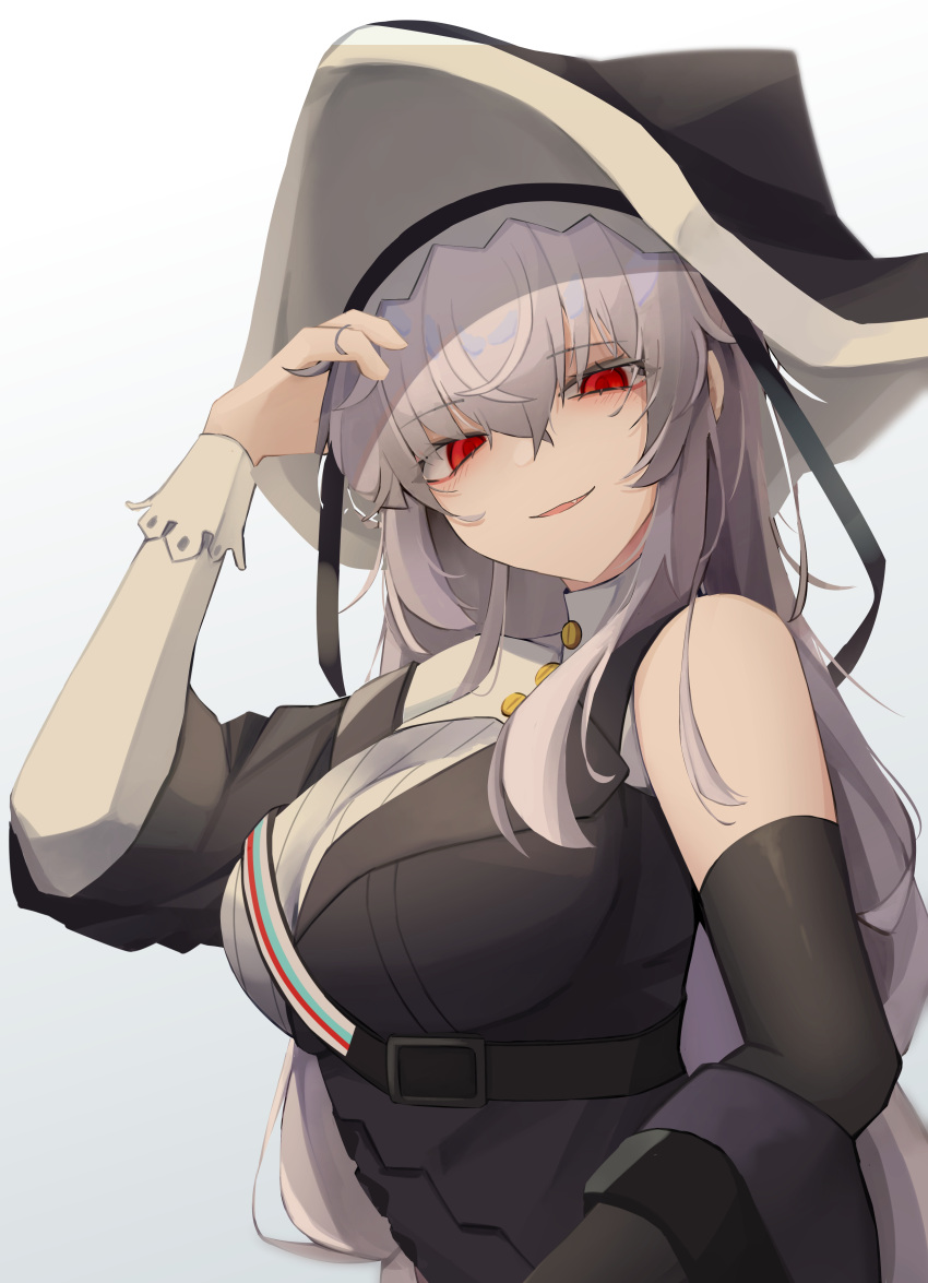 absurdres arknights arm_up asymmetrical_clothes black_dress black_hat breasts dress female grey_hair hair_between_eyes hand_in_own_hair hat highres large_breasts long_hair long_sleeves looking_at_viewer oerba_yun_fang parted_lips red_eyes simple_background smile solo specter_(arknights) specter_the_unchained_(arknights) upper_body very_long_hair white_background yuu_azma