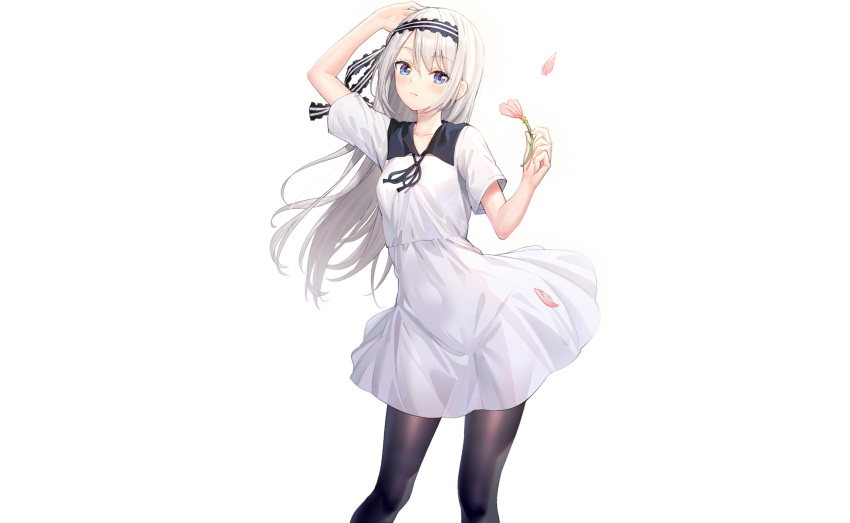 aqua_eyes blush dress flowers headband kaguya-sama_wa_kokurasetai_~tensai-tachi_no_renai_zunousen~ long_hair pantyhose petals ririko school_uniform shirogane_kei white white_hair