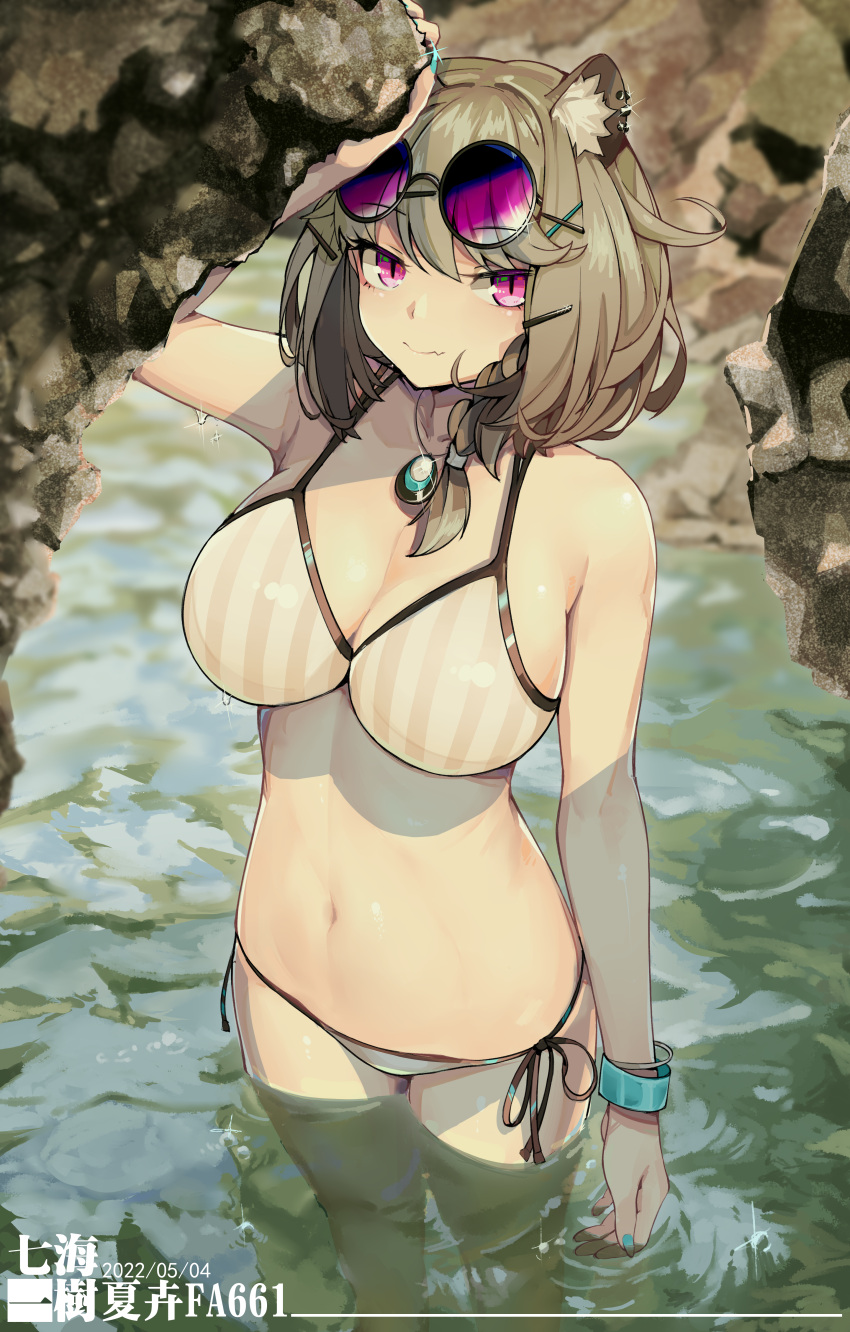 absurdres animal_ears arknights arm_up bikini blue_nails bracelet breasts brown_hair cleavage closed_mouth dated day ear_piercing eyewear_on_head fang_out female hair_ornament highres jewelry large_breasts long_hair looking_at_viewer nanami_kazuki navel necklace oerba_yun_fang official_alternate_costume outdoors piercing pink_eyes side-tie_bikini_bottom skin_fang smile solo standing stomach striped_bikini striped_clothes sunglasses swimsuit thighhighs utage_(arknights) utage_(summer_flowers)_(arknights) vertical-striped_bikini vertical-striped_clothes wading water white_bikini x_hair_ornament