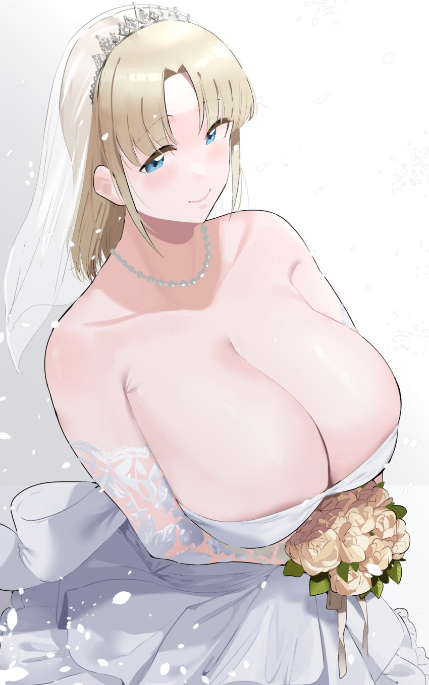 bare_shoulders blonde_girl_(okpriko) blonde_hair blue_eyes bouquet breasts cleavage closed_mouth collarbone commentary dress elbow_gloves english_commentary female gloves highres holding holding_bouquet huge_breasts jewelry looking_at_viewer medium_hair necklace okpriko original parted_bangs pearl_necklace simple_background smile solo tiara veil wedding_dress white_background white_dress white_gloves